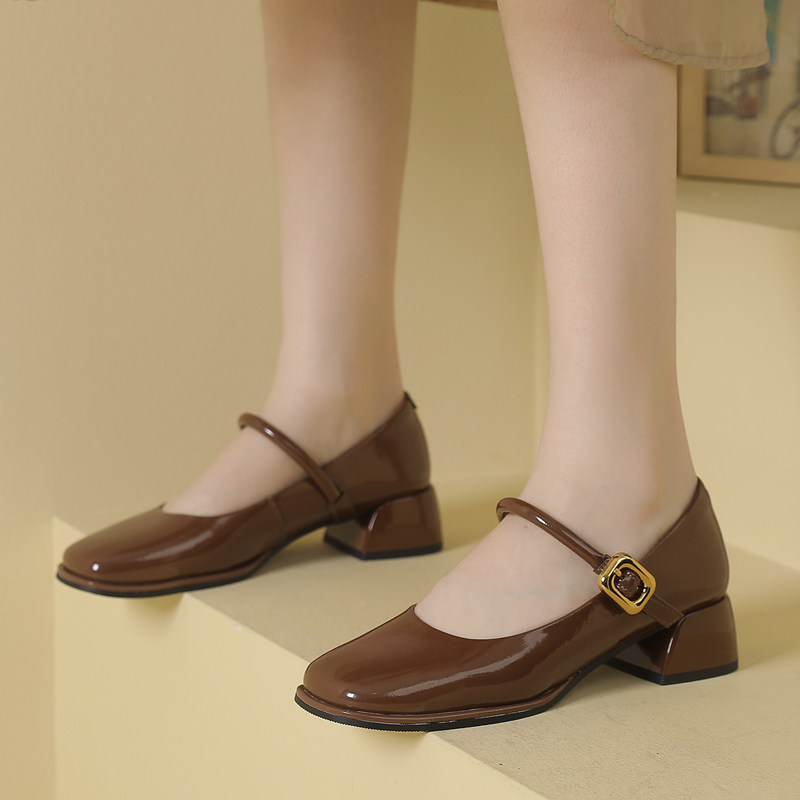 时尚一字带玛丽珍鞋2024春季粗跟真皮浅口小皮鞋百搭软底女士单鞋,淘宝优惠券,粉丝福利购,淘宝优惠卷