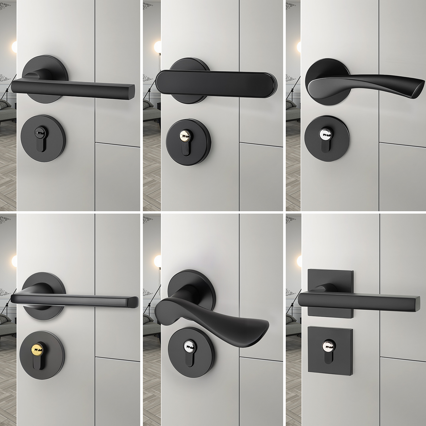 黑色通用型分体锁磁吸静音室内卧室房门锁家用房间实木门把手锁具 - 图1