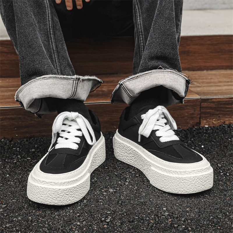 2024新款松糕底白底黑面饼干鞋厚底潮男小众增高面包鞋板鞋小白鞋 - 图1