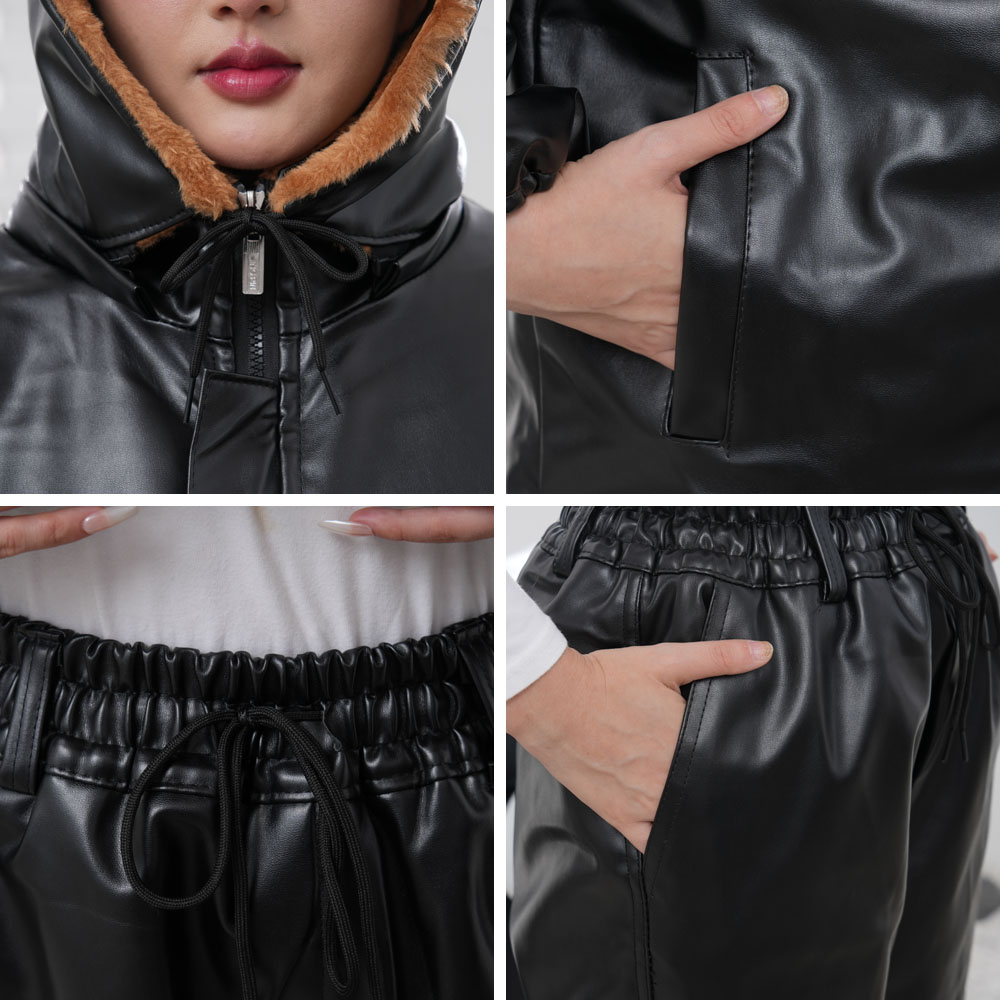 加绒加厚皮棉衣套装女冬季骑行防风皮衣男宽松皮裤工作服PU皮外套 - 图2