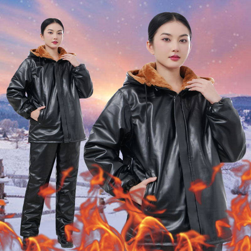 加绒加厚皮棉衣套装女冬季骑行防风皮衣男宽松皮裤工作服PU皮外套 - 图3