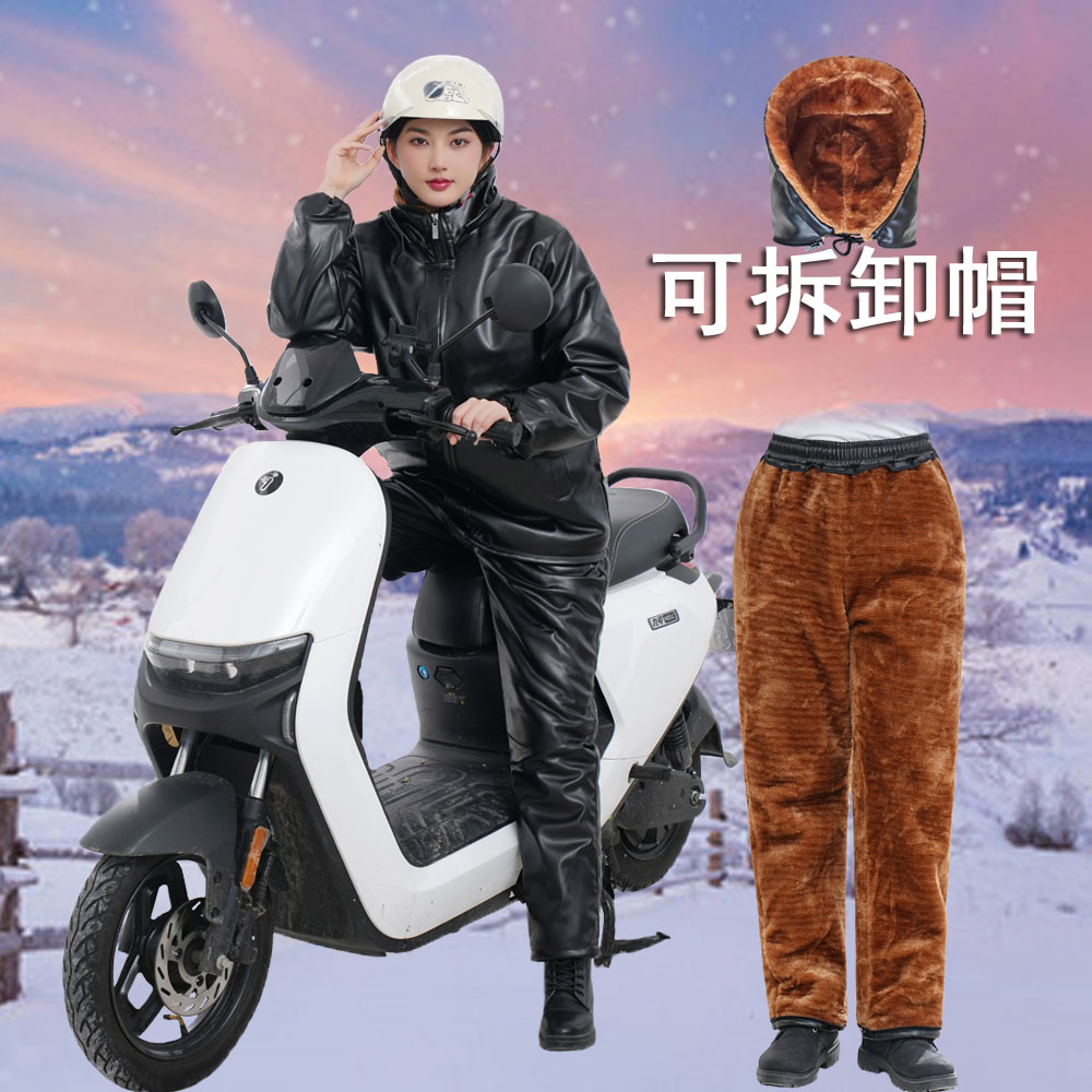 加绒加厚皮棉衣套装女冬季骑行防风皮衣男宽松皮裤工作服PU皮外套 - 图0