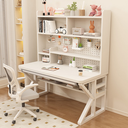 电脑桌卧室家用学生学习写字桌台式洞洞板书柜一体式实木办公书桌 - 图2