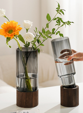 北欧简约玻璃花瓶木质底座摆件
