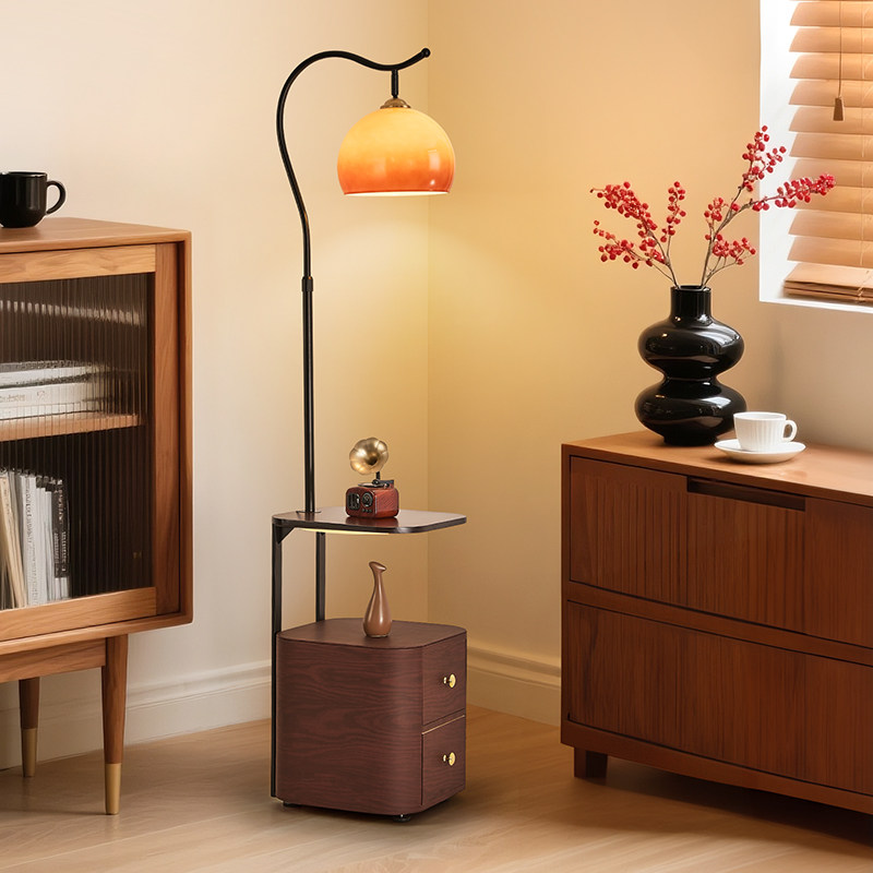 卧室床头柜带灯客厅沙发边几置物一体落地灯中古风高级感氛围台灯,淘宝优惠券,粉丝福利购,淘宝优惠卷