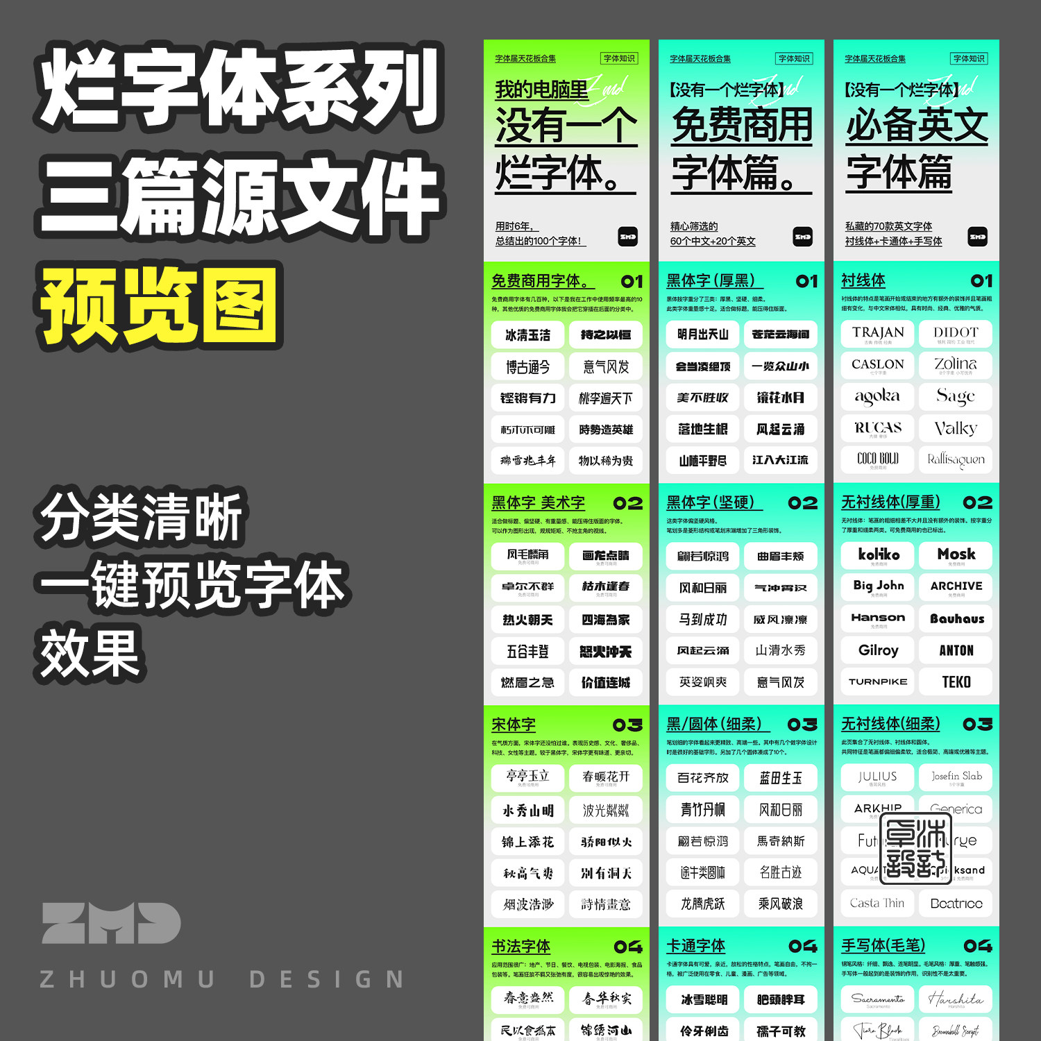 精选字体包+源文件 免费商用中英文书法卡通字体ps ai procreate