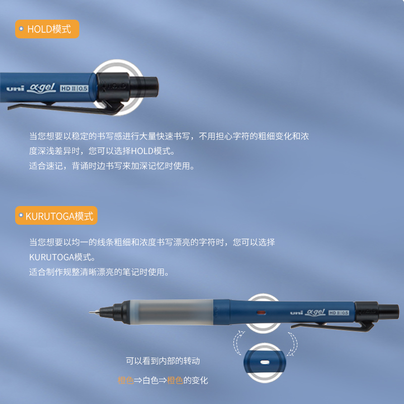 日本uni三菱自动铅笔M5-1009GG防疲劳不断芯双模式自动铅笔KURUTOGA旋转模式HOLD模式学生0.5mm - 图2