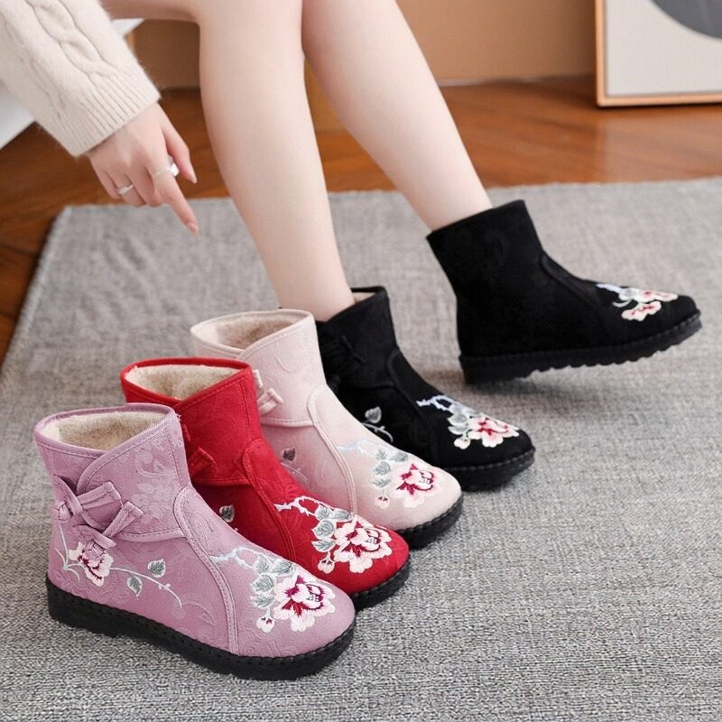 老北京布鞋女棉靴秋冬加绒保暖防滑民族风绣花鞋中老年厚底短靴,淘宝优惠券,粉丝福利购,淘宝优惠卷