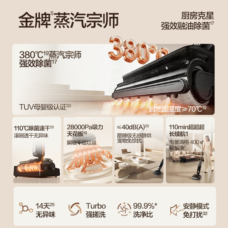 【新品升级】添可极客蒸汽2.0洗地机躺平助力安静0缠毛长续航母婴