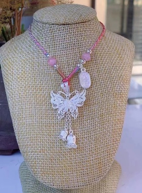 999足银长流苏蝶恋花古典镂空蝴蝶吊坠编绳纯银古风项链女款百搭