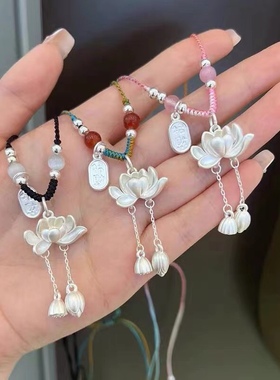 纯银S990流苏古法荷花纯银吊坠项链两世欢莲花流苏莲子毛衣链古风