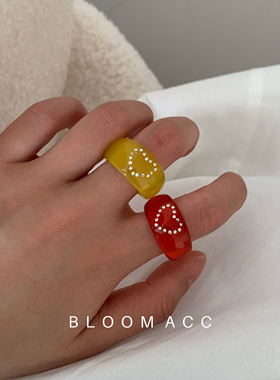 韩版小众设计水钻爱心多巴胺透明戒指ins潮流轻奢网红叠戴指环女