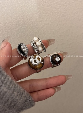 古风中国龙虎眼石戒指 ins冷淡风高级感淡水珍珠闪钻眼睛叠戴指环