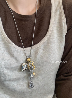 乌托邦复古金属爱心项链小众设计金银双色复古潮流长链毛衣链