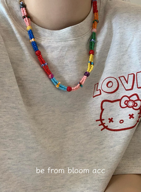 春夏新款～手工编织双层彩色米珠花朵项链波西米亚串珠叠戴锁骨链