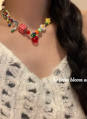 小众设计半切苹果彩色串珠项链可爱闺蜜款童趣多巴胺手作锁骨链