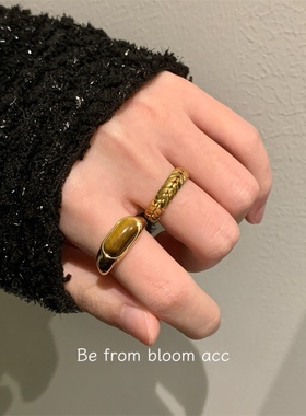 可调节高级感欧美复古镀天然虎眼石马鞍戒指女麦穗指环叠戴设计