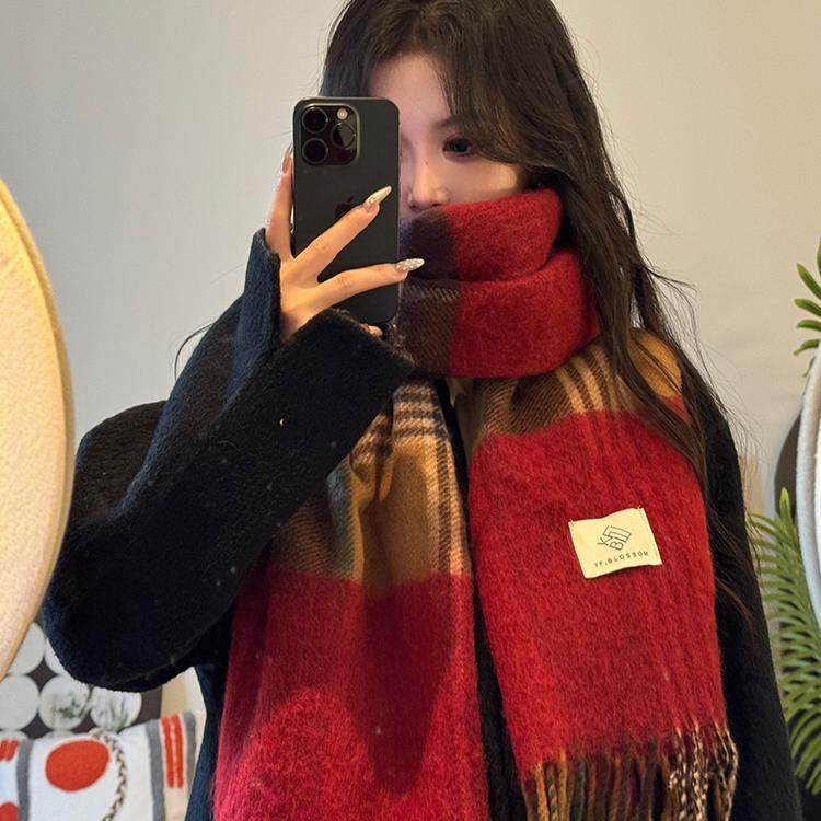 高级感圣诞红色格子仿羊绒围巾女冬季韩系复古加厚保暖防寒围脖潮,淘宝优惠券,粉丝福利购,淘宝优惠卷