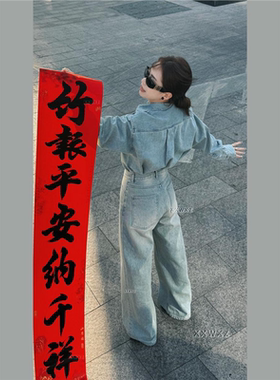 大码韩国女装春季新款胖mm小众气质时尚百搭宽松复古牛仔衬衫上衣