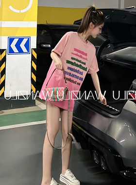 洋气减龄设计感甜辣小上衣美式粉色渐变印花短袖t恤女2024新款夏