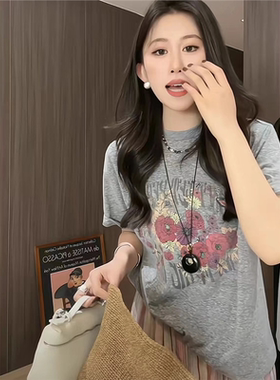欧货灰色花朵印花短袖T恤女2024夏季新款中长款休闲百搭宽松上衣