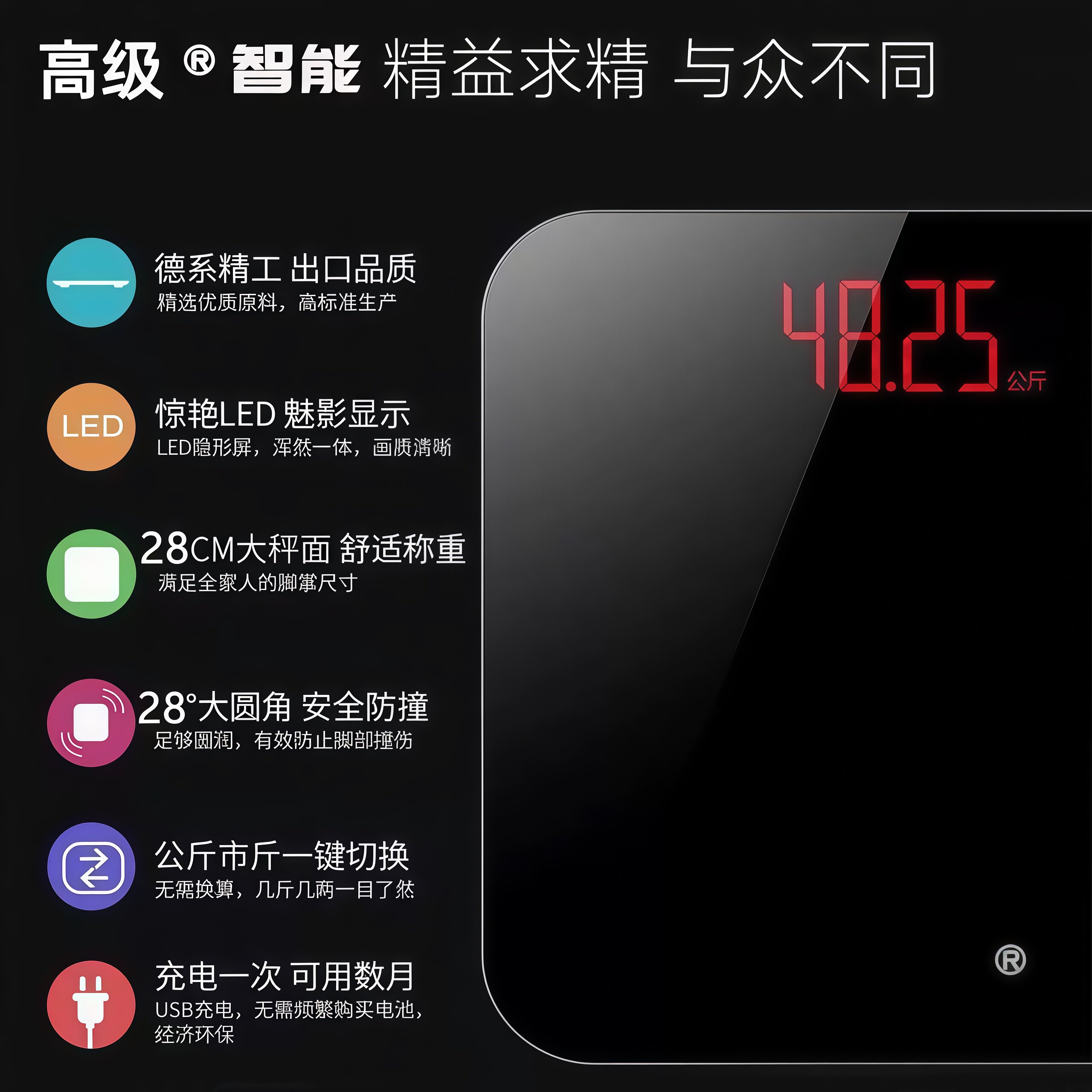 智能出口高精准家庭电子称耐用人体健康体脂秤减肥充电家用体重秤