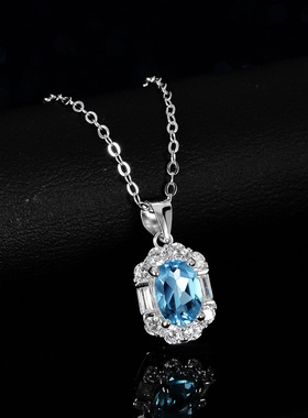 蓝托帕石莫桑石项链吊坠925纯银镀PT950 铂金1克拉几何祖玛绿切工