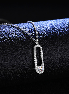 s925纯银吊坠莫桑石ins项链女款别针项链镀PT950 铂金吊坠锁骨链