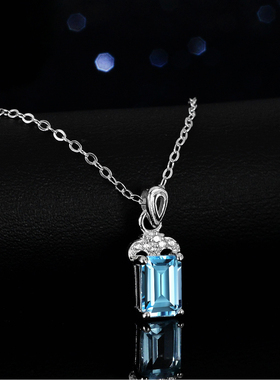 蓝托帕石莫桑石项链吊坠925纯银镀PT950 铂金1克拉几何祖玛绿切工