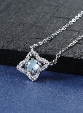 高品质危料蓝水翡翠四叶草吊坠小清新s925银镀PT950 铂金镶嵌项链