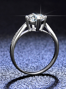 925纯银镀PT950 铂金戒指莫桑石指环女士戒子经典四爪皇冠求婚戒