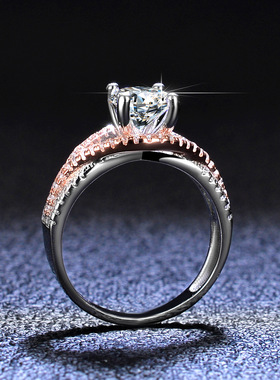 莫桑石戒指女925纯银镀PT950 铂金指环分金夸张两色ins戒戒子