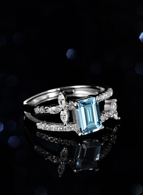 蓝托帕石莫桑石戒指925纯银镀PT950 铂金双层祖玛绿切工长方女戒