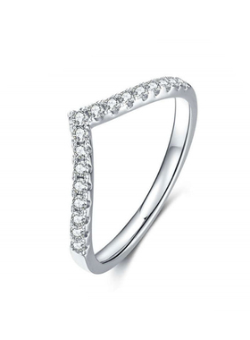 戒指V字型单排镀PT950 铂金皇冠群镶王冠单身尾戒叠戴925银莫桑石