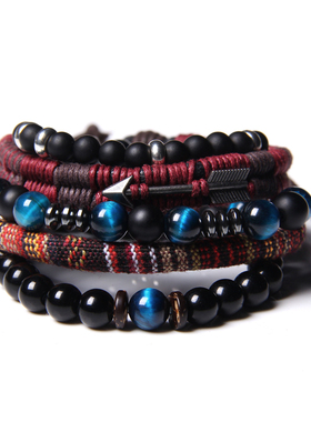 Handmade Bracelets Set Men Black Onyx Stone Beads Bracelet