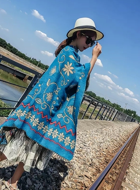 尼泊尔民族风印花大披肩女蓝色流苏斗篷围巾西藏旅游百搭加厚保暖