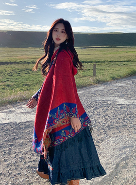 复古民族风披肩女带帽斗篷波西米亚新疆西藏旅游穿搭披风外套保暖