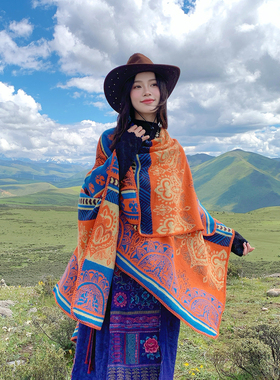 民族风红色几何花纹披肩女流苏斗篷式外搭保暖百搭围巾加厚披风