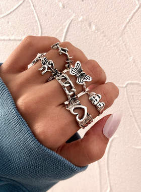 Vintage Silver Color Multi-Shape Rings Set For Women