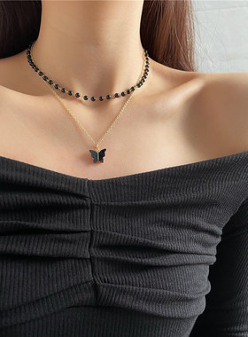 Black Butterfly Pendant Necklace Bead Opal Chain Shiny