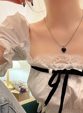 Korean Fashion Black Zircon Love Heart Pendant Necklace for