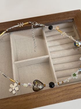 Korean Flower Pendant Crystal Class Gravel Beaded Necklace F