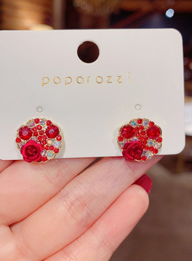 Fashion Red Purple Rose Earrings for Women Shiny Rhinestone