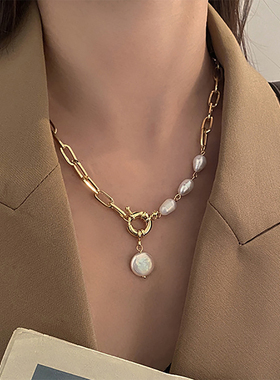 2022 New Korean Fashion Pearl Thick Chain Pendant Necklace