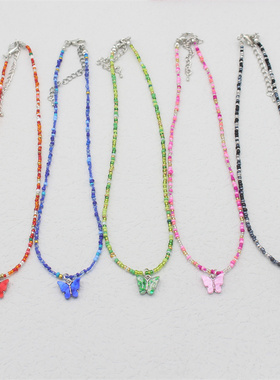 Cute Butterfly Pendant Necklace Women Boho Seed Beads