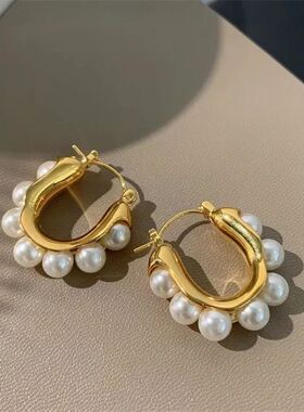 Classic Retro U-shaped Geometric Inlaid Pearl Ear Buckle
