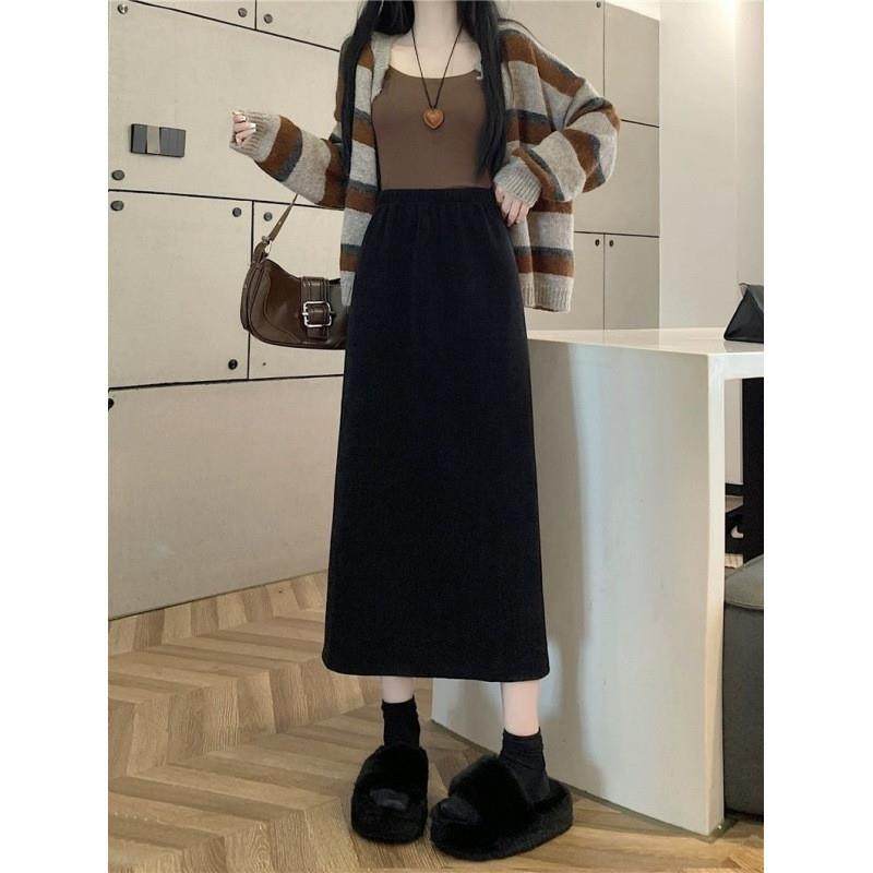 大码冬季加绒加厚半身裙秋冬新款高腰字显长裙显瘦灯芯绒开叉半裙,淘宝优惠券,粉丝福利购,淘宝优惠卷