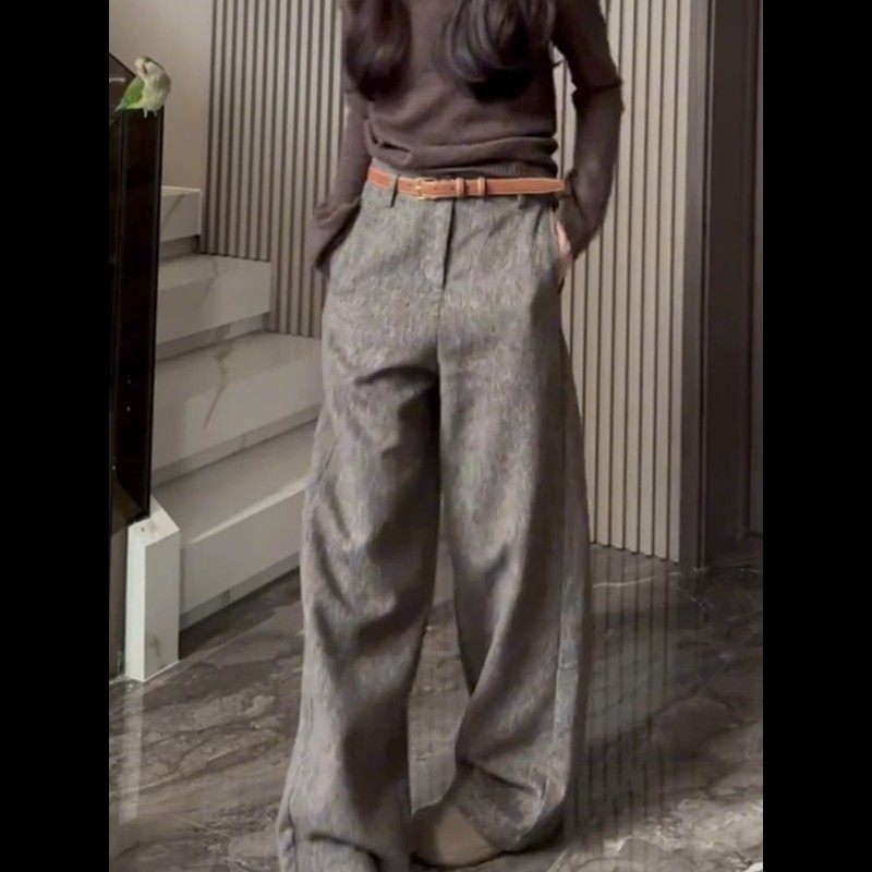 2024年秋冬新款灰色加厚毛呢休闲西装裤保暖直筒裤复古简约阔腿裤,淘宝优惠券,粉丝福利购,淘宝优惠卷