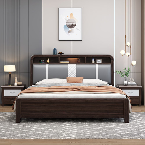 中式实木床紫金檀色现代简约1.5M主卧皮靠软包1.8米双人床大婚床-图2