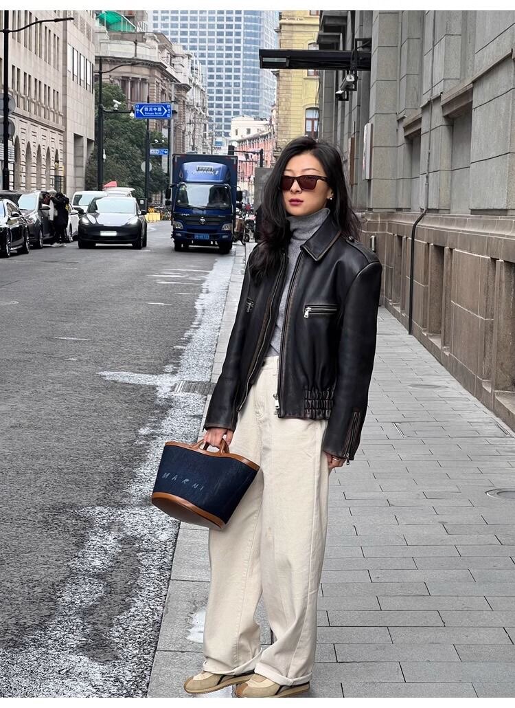 海宁绵羊皮美式女复古机车皮衣2026春季新款上衣擦色做旧真皮夹克